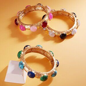 Byzantine Inspired Stone Gold Dipped Stretch Cuff Bangle Bracelets SET of 2